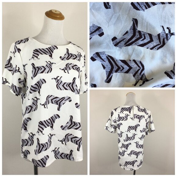 TWIK SIMONS White Multi Color Tiger Print Zip Back Short Sleeve Shirt Top - Picture 1 of 10
